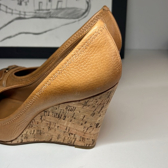 Tory Burch Carnell Royal Tan Leather Peep Toe Cork Wedge Women’s Size 10 M - Picture 8 of 15